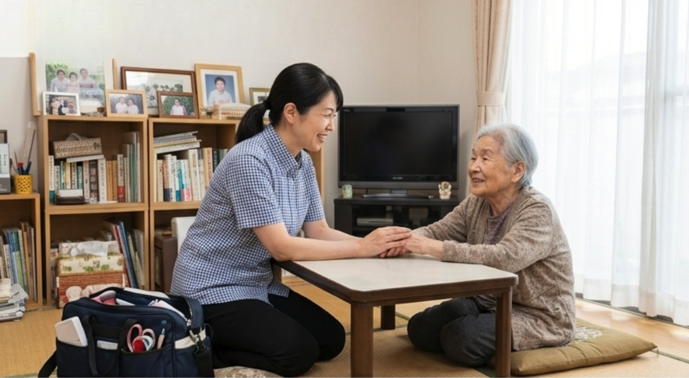 ご自宅で利用者さんに嬄り添う訪問看護の様子