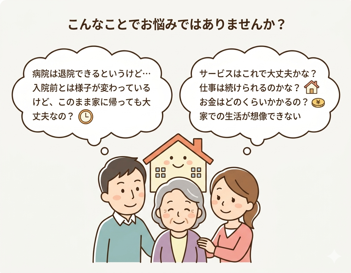 こんなことでお悩みではありませんか？退院後の生活・仕事との両立・費用などの不安を抱えるご家族のイラスト